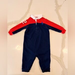 Ralph Lauren Baby Polo Rugby Romper 6M Red & Navy One Piece